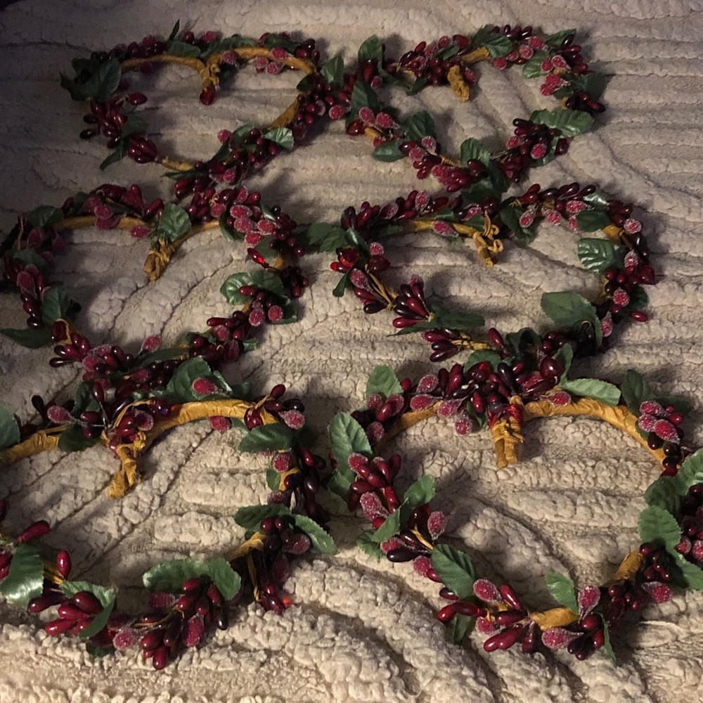 Set of six small Handmade Heart Wreaths ,6” each with Red Berries & Green Leaves